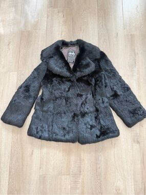 Vintage Sincere Genuine Black Fur Rabbit? Coat Jacket Made In Hong Kong